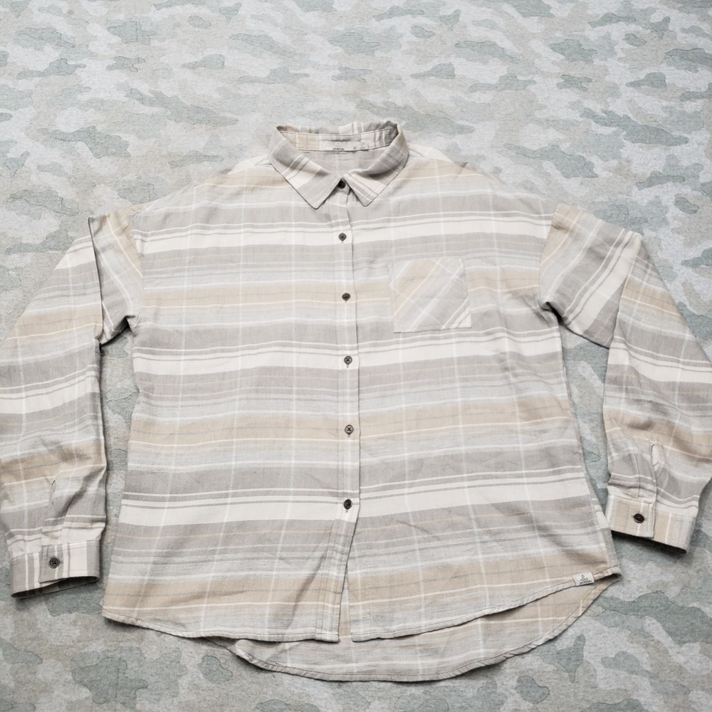 Prana‎ Top Womens Medium Gray Long Sleeve Button-Up Striped Outdoors Camp Travel